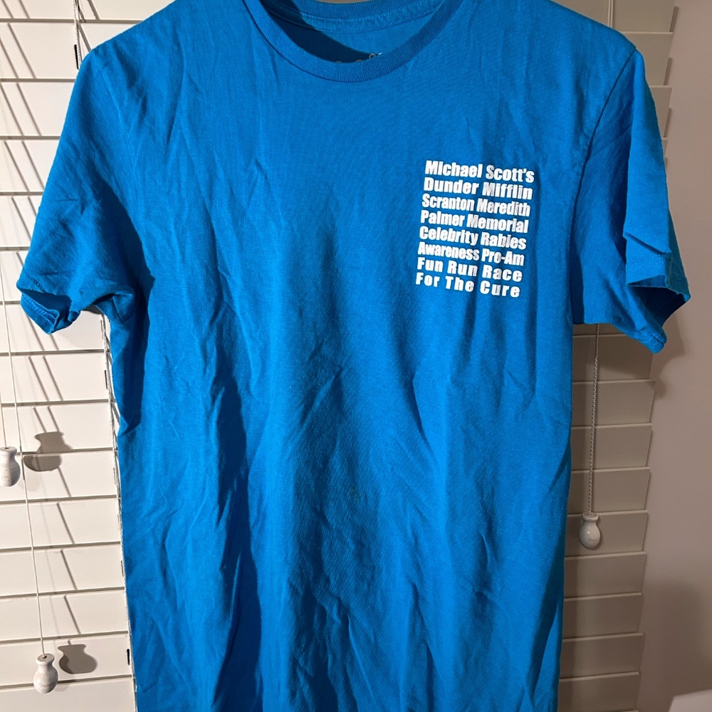 The Office fun run race for the cure message t-shirt, blue, white text